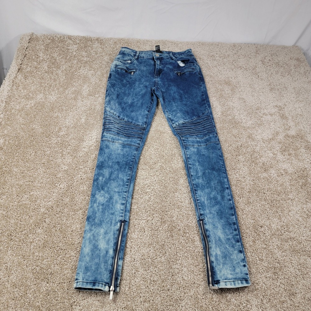Forever 21 Moto Biker‎ Jeans Acid Wash Blue Zipper Detail Skinny Size 25